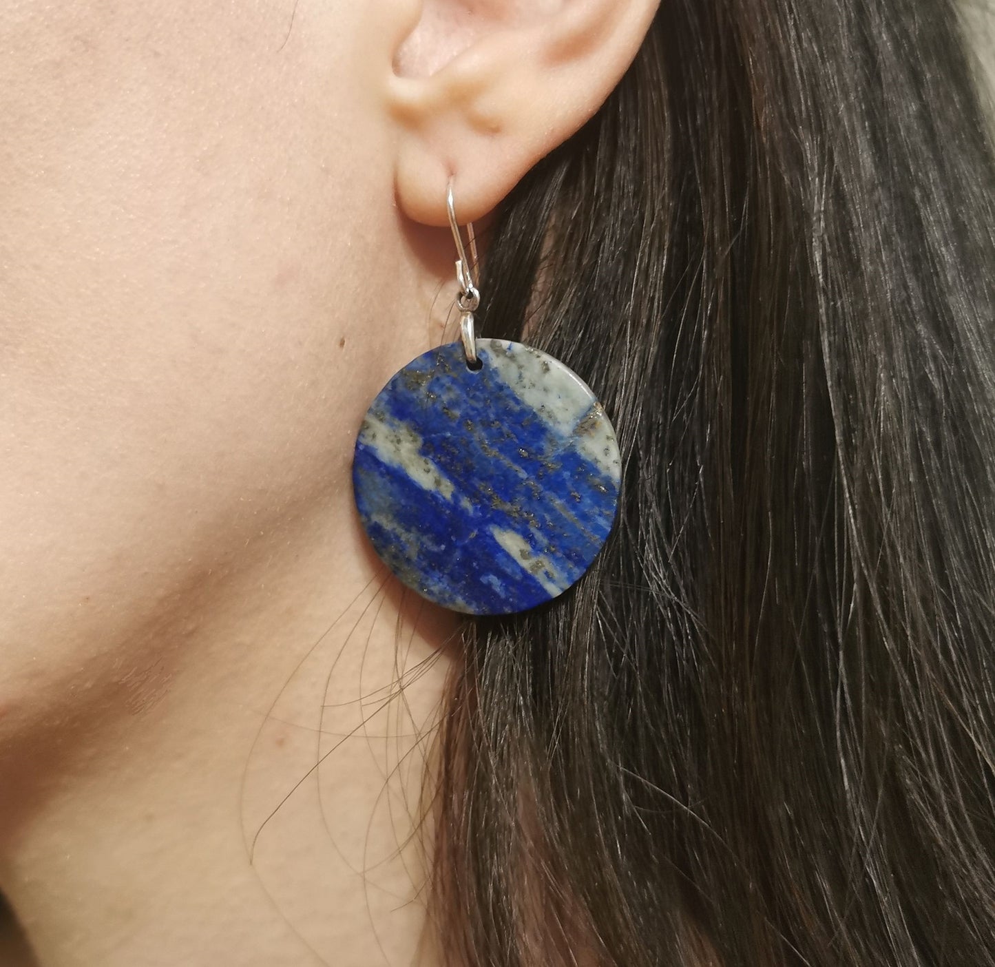 Lapis Lazuli Big Round Disk Sterling Silver Handmade Artisan Earrings