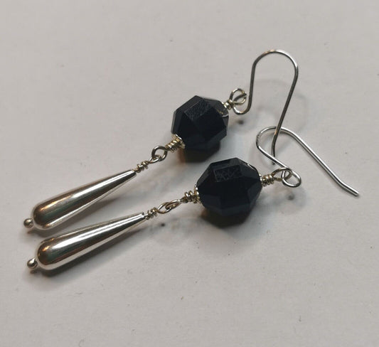 Faceted Black Onyx 925 Sterling Silver Long Drop Earrings