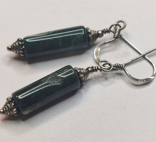 Dark Green Natural Moss Agate Column Oxidised 925 Sterling Silver Earrings