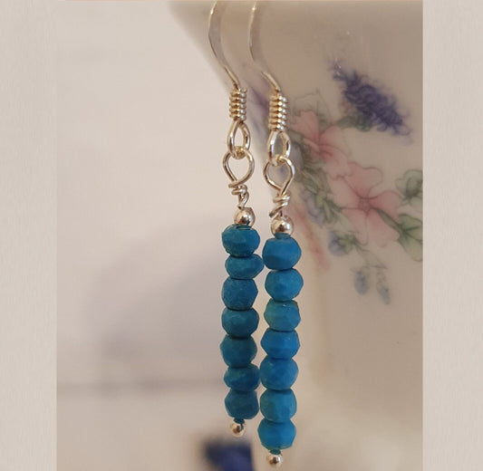 Blue Turquoise Faceted Beads 925 Sterling Silver Minimalist Artisan Earrings
