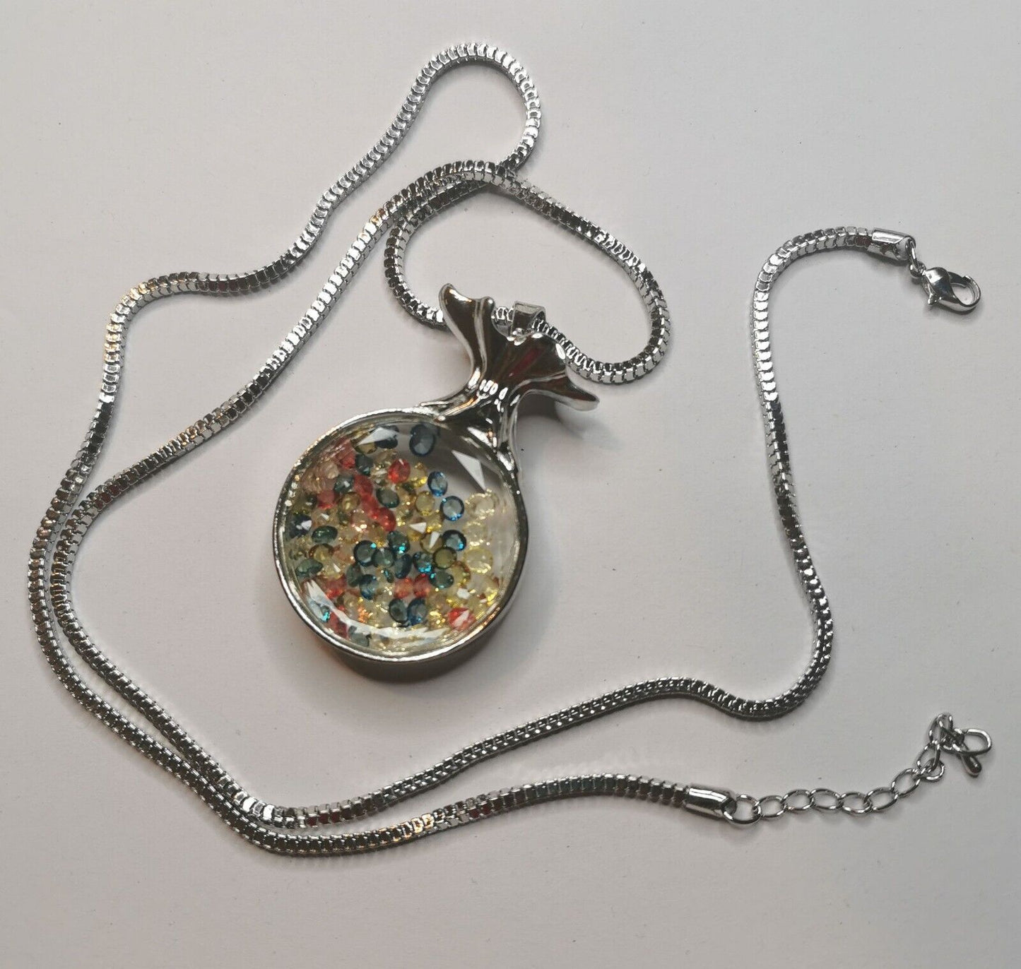 Floating Colorful Rhinestone Glass Pendant Necklace Snake Chain 75cm Silver Tone