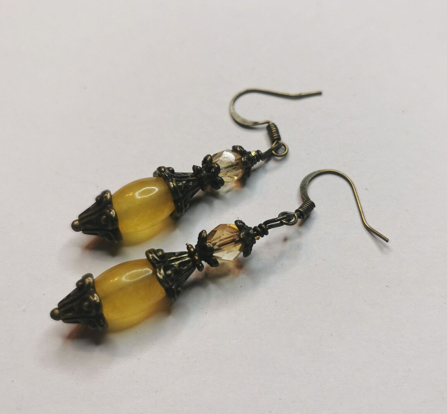 Yellow Jade and Czech Crystal Antique Bronze Lantern Artisan Earrings