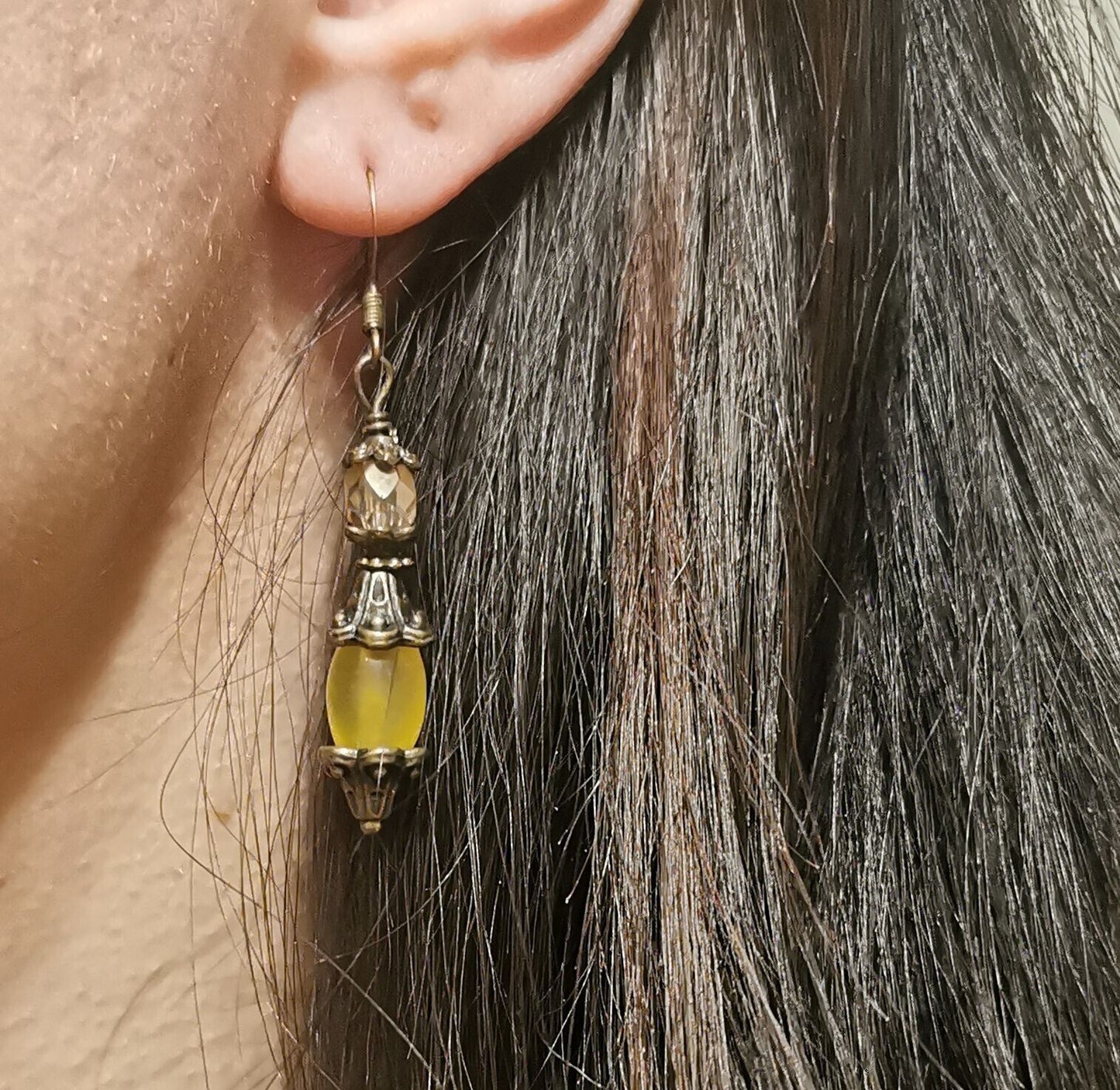 Yellow Jade and Czech Crystal Antique Bronze Lantern Artisan Earrings