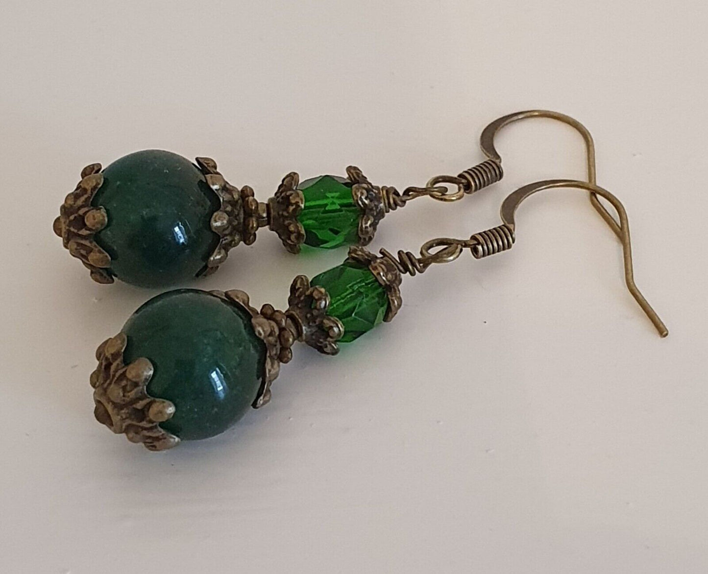 Jade, Amethyst & Czech Crystal Antique Bronze Bohemian Art Deco Artisan Earrings