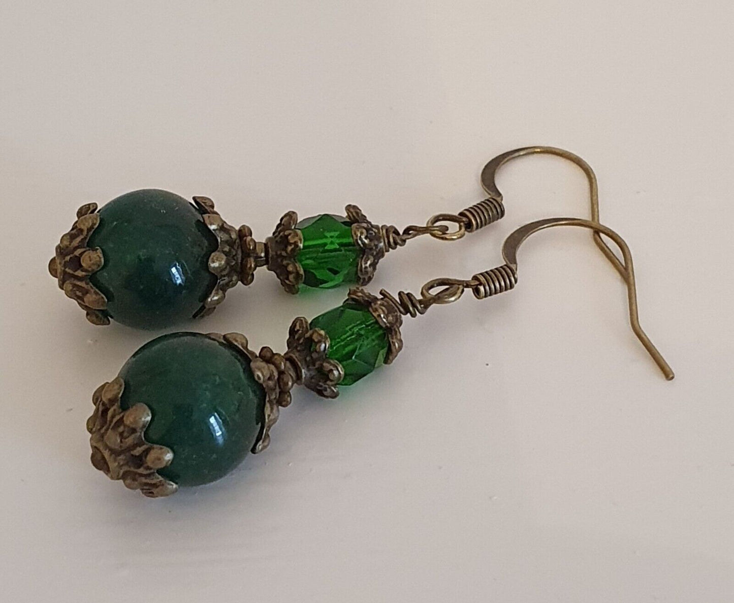 Jade, Amethyst & Czech Crystal Antique Bronze Bohemian Art Deco Artisan Earrings