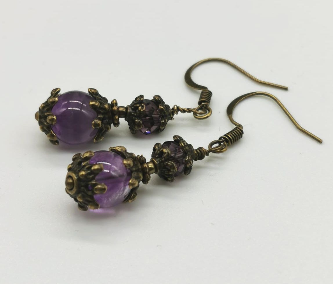 Jade, Amethyst & Czech Crystal Antique Bronze Bohemian Art Deco Artisan Earrings