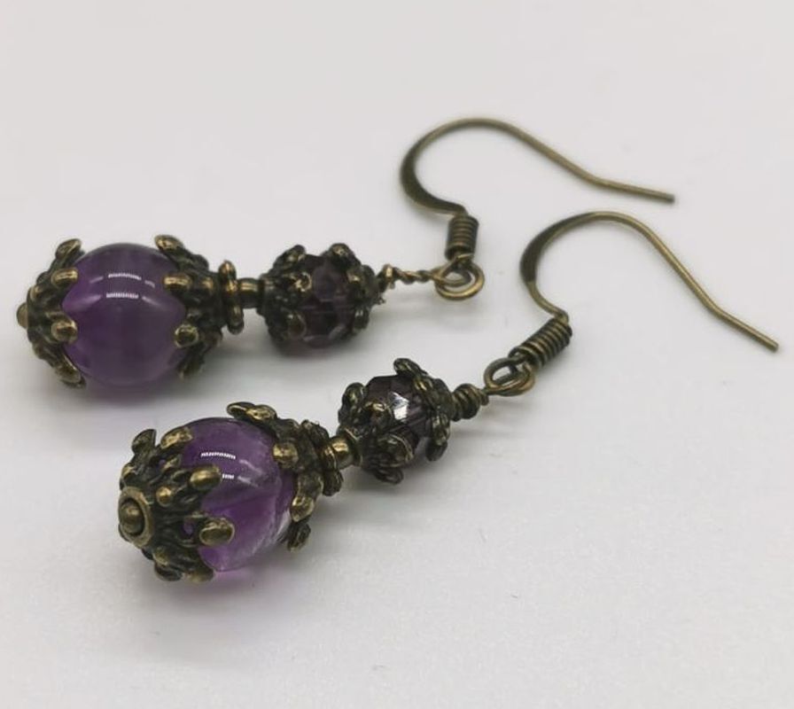 Jade, Amethyst & Czech Crystal Antique Bronze Bohemian Art Deco Artisan Earrings