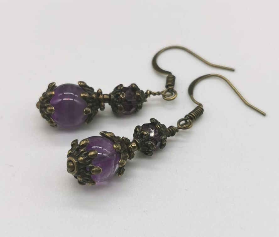 Jade, Amethyst & Czech Crystal Antique Bronze Bohemian Art Deco Artisan Earrings