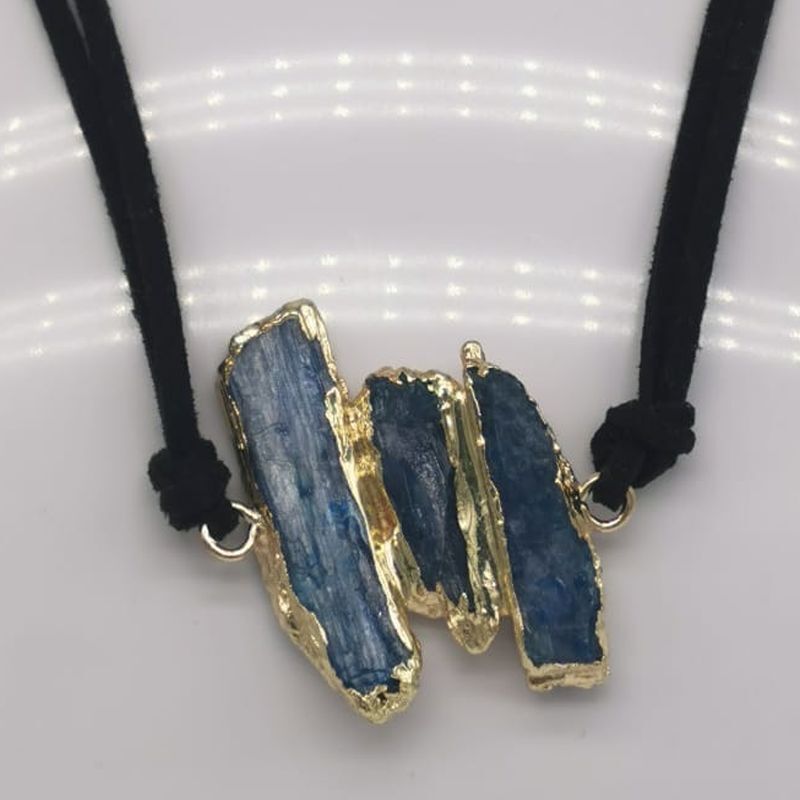 Raw Kyanite Gold Plated Black Velvet Suede Choker Necklace