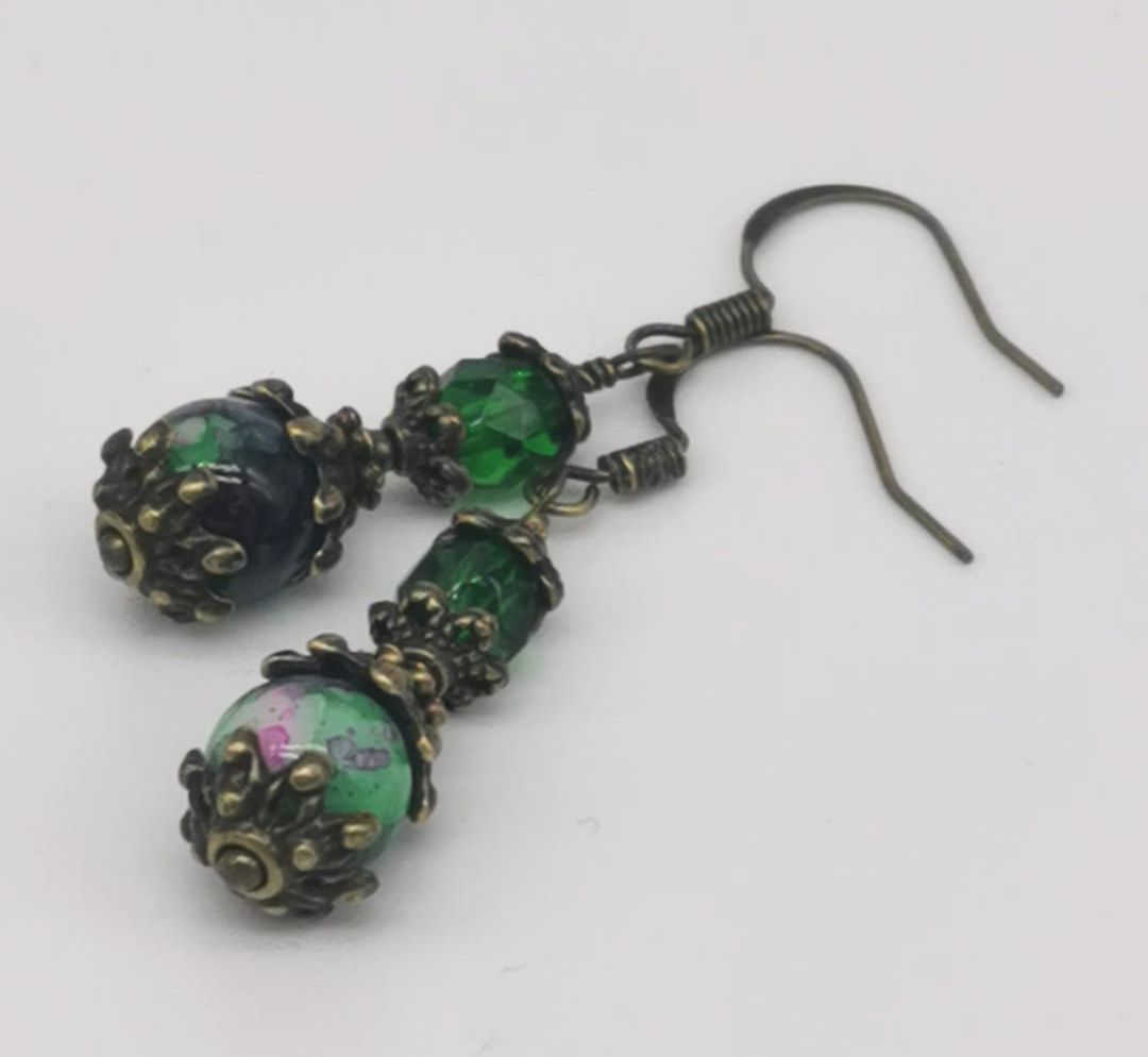 Jade, Amethyst & Czech Crystal Antique Bronze Bohemian Art Deco Artisan Earrings