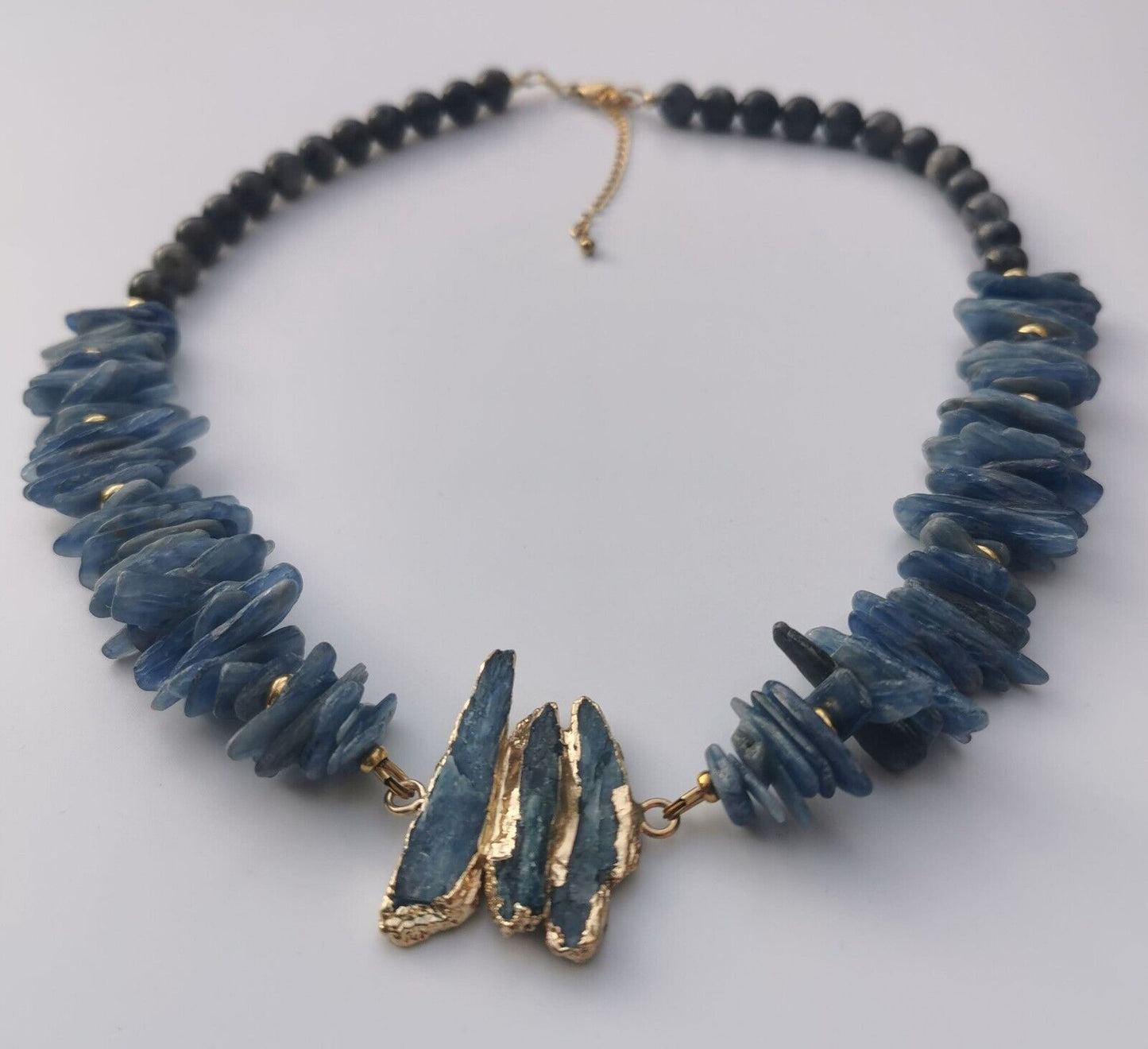 Raw Blue Kyanite with Grey Larvikite Beads 18K GoldPlt Artisan Handmade Necklace