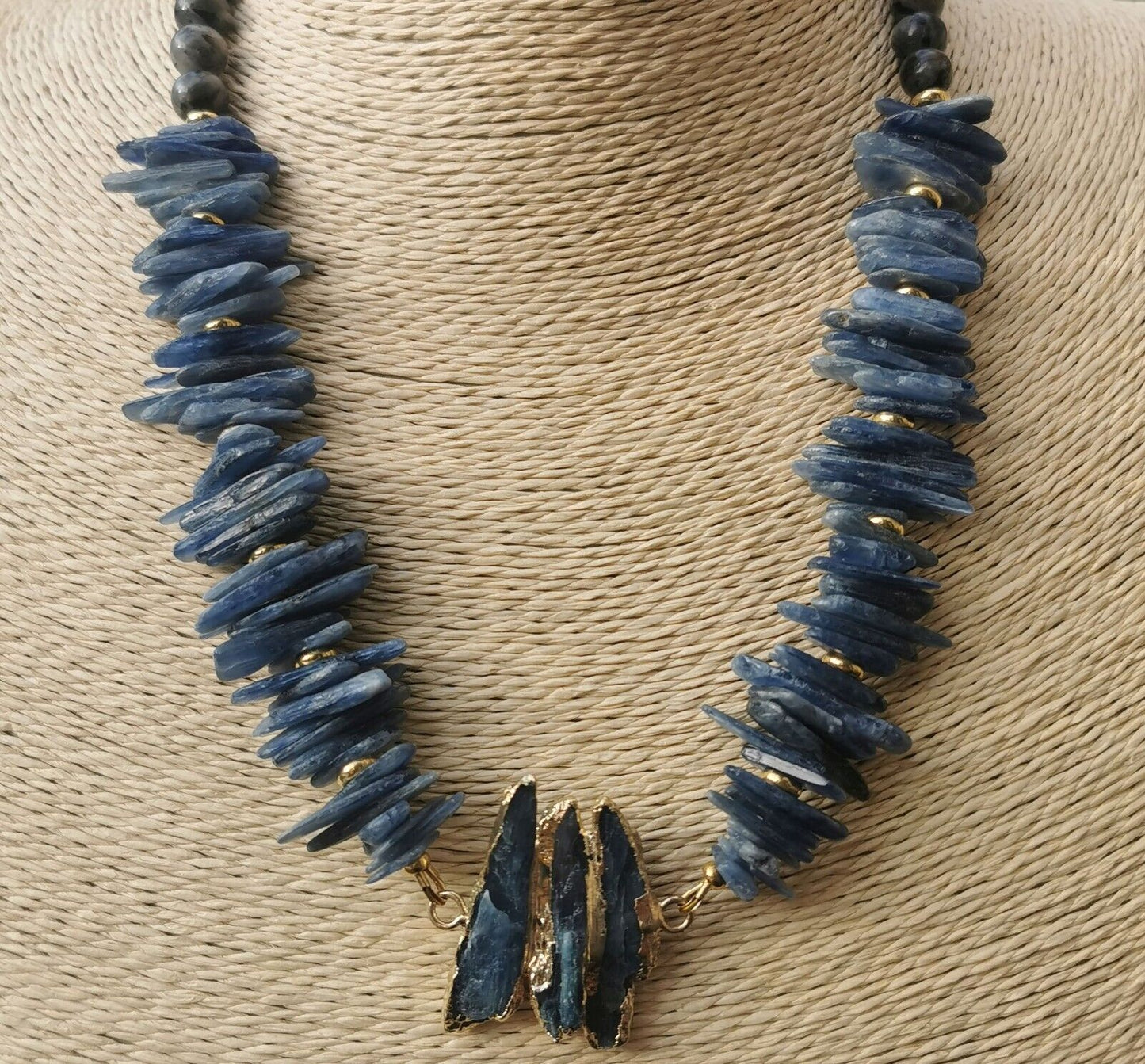 Raw Blue Kyanite with Grey Larvikite Beads 18K GoldPlt Artisan Handmade Necklace