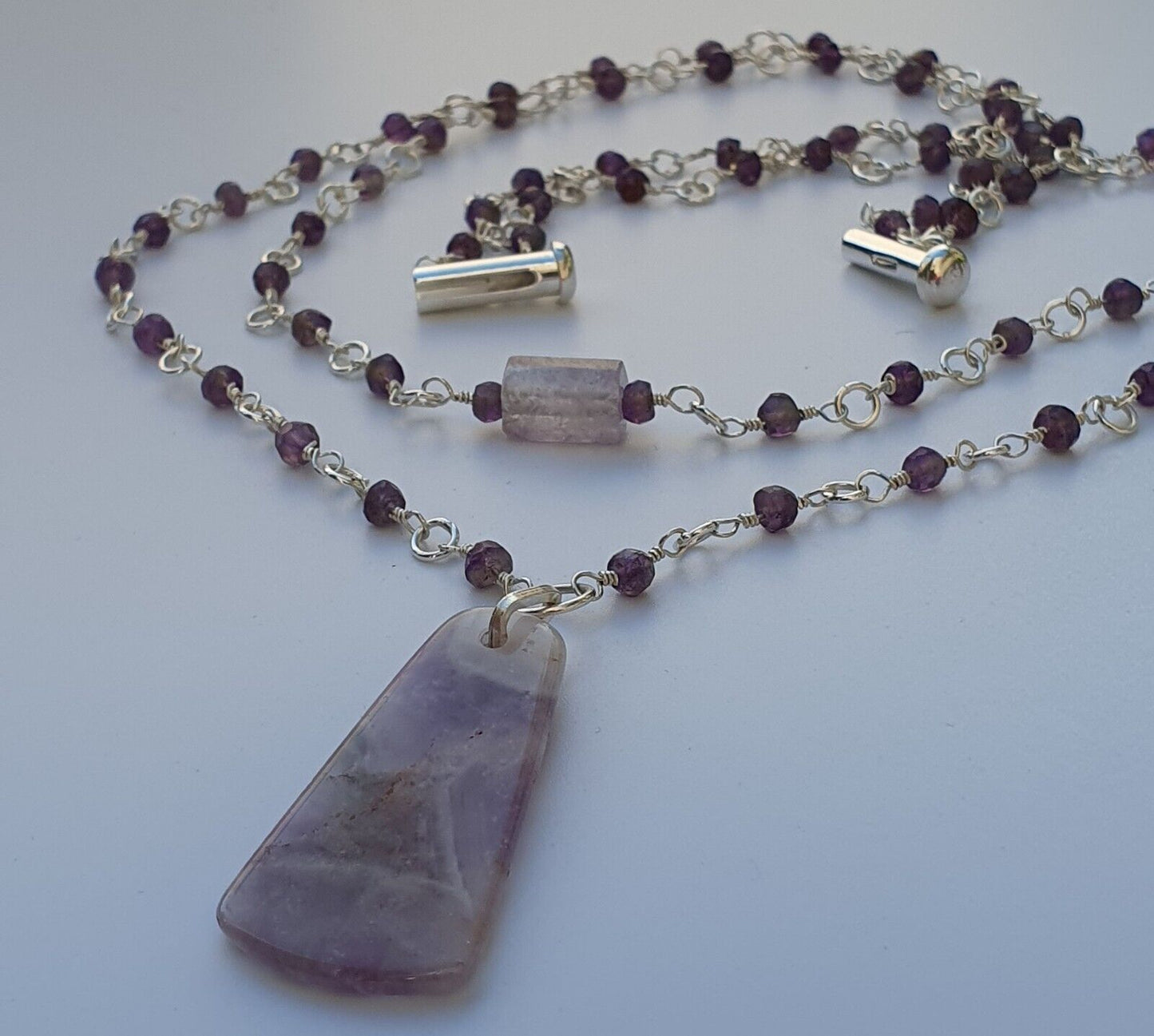 Natural Amethyst Double Layer 925 Sterling Silver Necklace Artisan Handmade