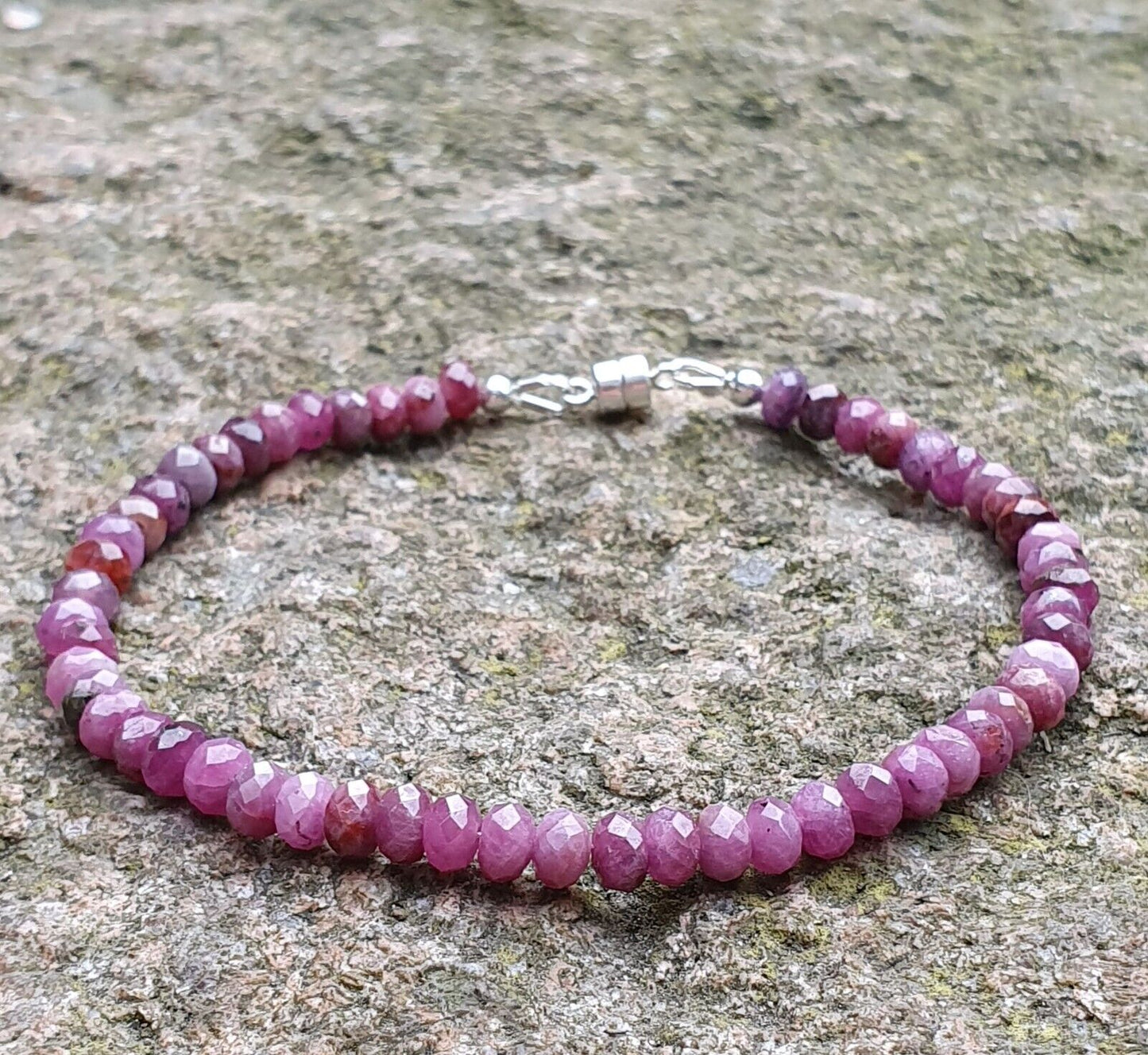 Genuine Natural Ruby Gemstone 925 Sterling Silver Bracelet with Magnetic Clasp