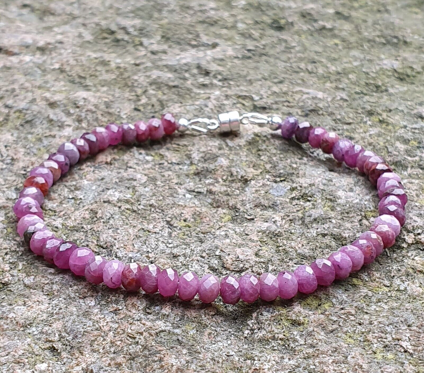 Genuine Natural Ruby Gemstone 925 Sterling Silver Bracelet with Magnetic Clasp