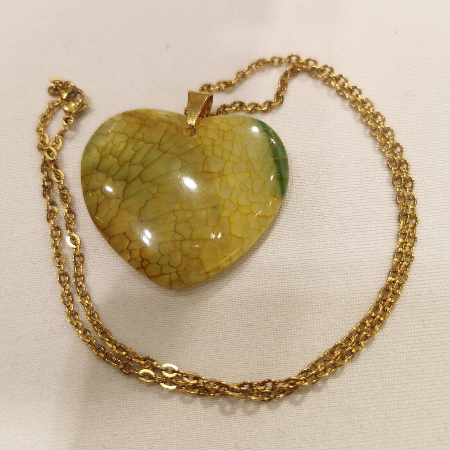 Natural Yellow & Green Heart Agate Gold Plated Stainless Steel Chain Necklace