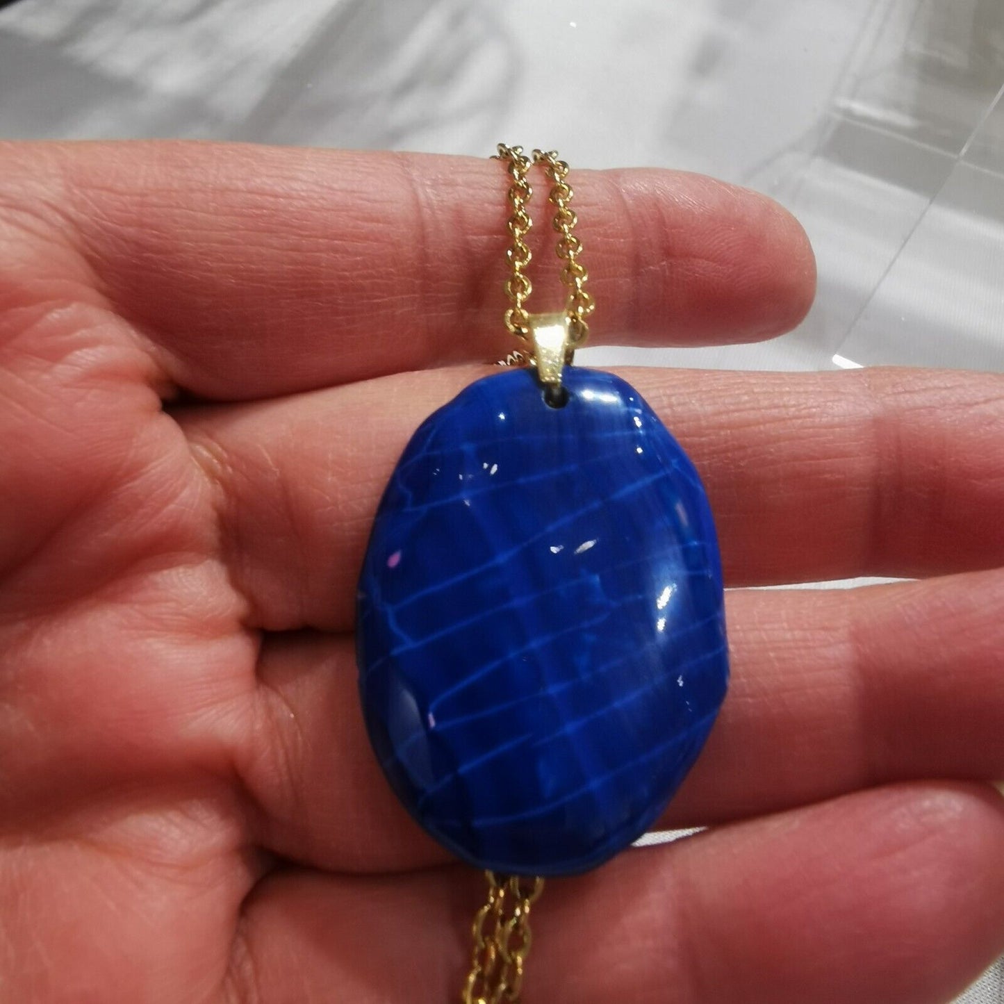 Beautiful Blue Agate Gold Plated Stainless Steel Chain Necklace