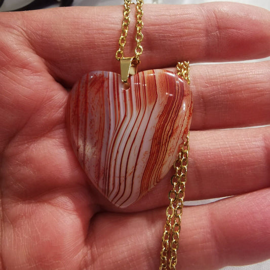 Orange Banded Agate Heart Pendant Gold Plated Stainless Steel Chain Necklace