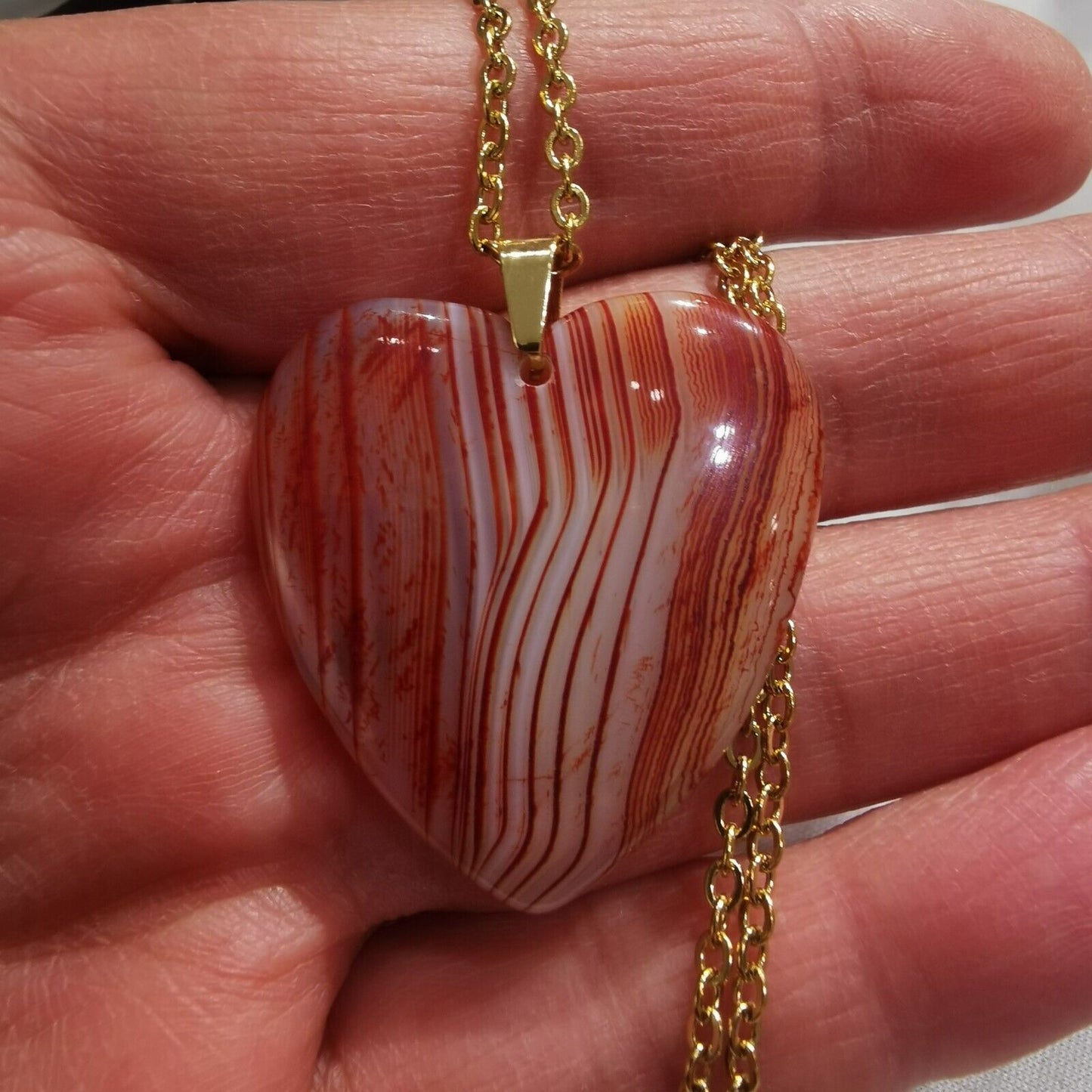 Orange Banded Agate Heart Pendant Gold Plated Stainless Steel Chain Necklace