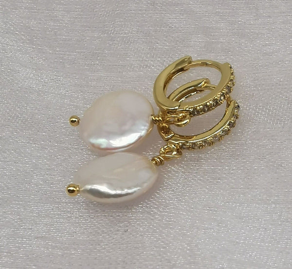 Freshwater Coin Pearl Baroque Dangle Cubic Zirconia Hoop 18K Gold Plt Earrings