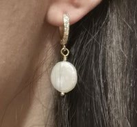 Freshwater Coin Pearl Baroque Dangle Cubic Zirconia Hoop 18K Gold Plt Earrings