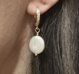 Freshwater Coin Pearl Baroque Dangle Cubic Zirconia Hoop 18K Gold Plt Earrings