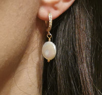 Freshwater Coin Pearl Baroque Dangle Cubic Zirconia Hoop 18K Gold Plt Earrings