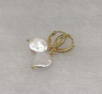 Freshwater Coin Pearl Baroque Dangle Cubic Zirconia Hoop 18K Gold Plt Earrings