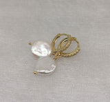 Freshwater Coin Pearl Baroque Dangle Cubic Zirconia Hoop 18K Gold Plt Earrings