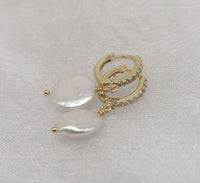 Freshwater Coin Pearl Baroque Dangle Cubic Zirconia Hoop 18K Gold Plt Earrings