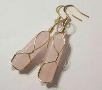 Natural Rose Quartz Crystal Point Gold Plated Wire Wrapped Artisan Earrings