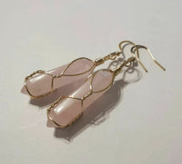 Natural Rose Quartz Crystal Point Gold Plated Wire Wrapped Artisan Earrings