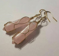 Natural Rose Quartz Crystal Point Gold Plated Wire Wrapped Artisan Earrings