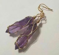 Natural Amethyst Crystal Point Gold Plated Wire Wrapped Artisan Earrings