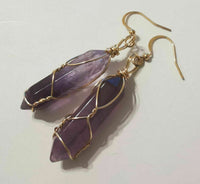Natural Amethyst Crystal Point Gold Plated Wire Wrapped Artisan Earrings