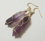 Natural Amethyst Crystal Point Gold Plated Wire Wrapped Artisan Earrings