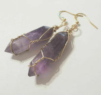Natural Amethyst Crystal Point Gold Plated Wire Wrapped Artisan Earrings