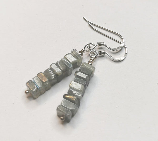 Natural Labradorite Handcut Square Beads 925 Sterling Silver Minimalist Earrings