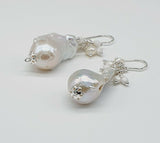 White Baroque Big Fireball Pearls 925 Sterling Silver Cluster Earrings