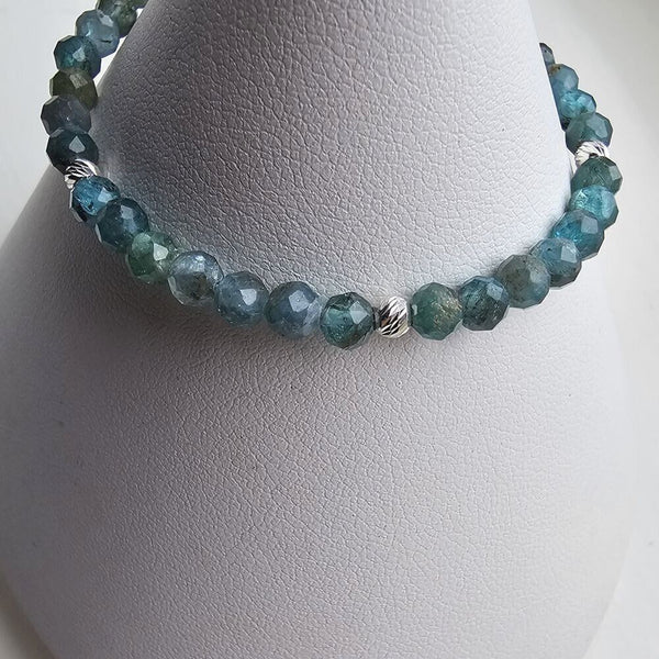 925 Sterling Silver & Blue Apatite Faceted Gemstone Beads Bracelet