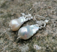 White Baroque Big Fireball Pearls 925 Sterling Silver Cluster Earrings