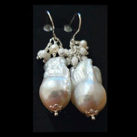 White Baroque Big Fireball Pearls 925 Sterling Silver Cluster Earrings