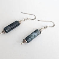 Dark Green Natural Moss Agate Column Oxidised 925 Sterling Silver Earrings