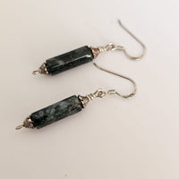 Dark Green Natural Moss Agate Column Oxidised 925 Sterling Silver Earrings