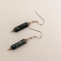 Dark Green Natural Moss Agate Column Oxidised 925 Sterling Silver Earrings
