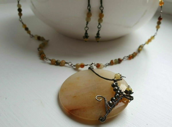 Natural Yellow Jade Gemstone Jewelry Set Antique Style 925 Sterling Silver
