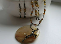 Natural Yellow Jade Gemstone Jewelry Set Antique Style 925 Sterling Silver