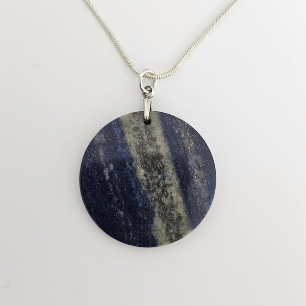 Lapis Lazuli Disk Pendant with 925 Sterling Silver Snake Chain Necklace 21"