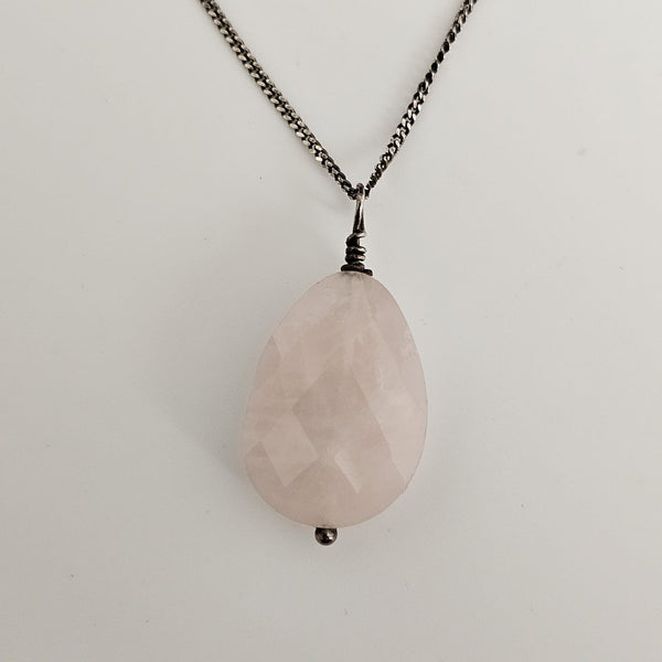 Rose Quartz Faceted Teardrop 925 Sterling Silver Necklace - January Birthstone