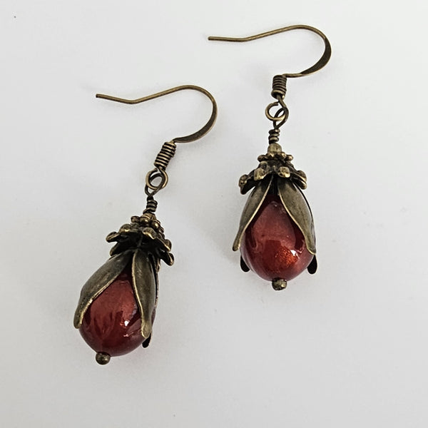 Red Glass Beads Floral  Earrings antique bronze
